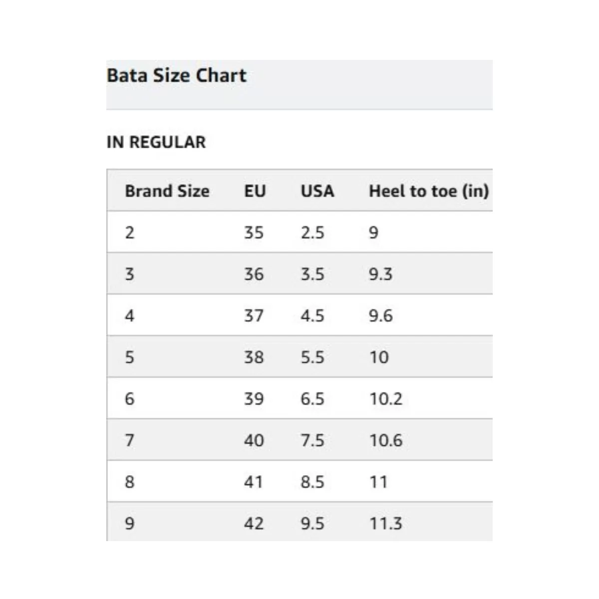 bata womens size chart